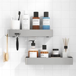 lot 18979 image: Kitsure Shower Caddy - 2 Pack Rustproof Shower Organizer, Drill-Free & Quick-Dry Shower Shelf for inside Shower with Large Capacity, Durable Stainless Steel Shower Rack with 4 Hooks, Silver Grey