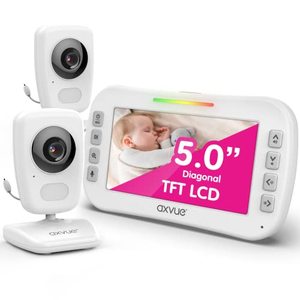 lot 18995 image: Axvue Video Baby Monitor, Comfortable Slim Design Handheld Enclosure, 5.0 Screen Monitor & 2 Camera, Range up to 1000ft, 8 Hour Battery Life, 2-Way Talk, Night Vision, Temperature Monitor, No WiFi.