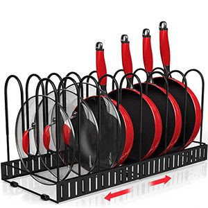 lot 19001 image: STORLUX Expandable Pot and Pan Organizer Rack Cabinet, Adjustable 10 Non-Slip Tiers Pot Lid Organizer for Under Cabinet with 6 DIY Methods, Kitchen Organization and Storage