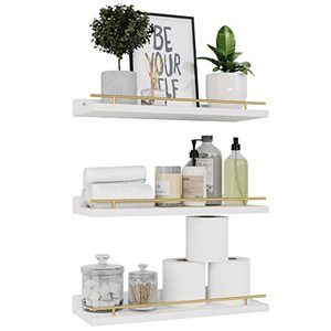 lot 19002 image: WOPITUES Floating Shelves with Gold Metal Guardrail, Shelves for Wall Decor Set of 3, Wall Shelves for Bedroom, Bathroom, Kitchen, Living Room, Plants, Picture Frames, Art- White and Gold