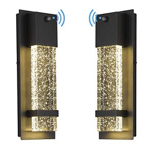 lot 19005 image: LED Dusk to Dawn Outdoor Wall Light Fixture - HWH Exterior Wall Sconce Porch Light 2 Pack, Outside Wall Lights in Black Finish with Crystal Bubble Glass, 5HW9-B-P-2PK BK