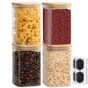 lot 19016 image: Laramaid 40oz 4Packs Glass Jars Set, Square Pantry Jars with Bamboo Lids, Black Labels and White Pen, Food Storage Containers for Home, Kitchen and Pantry
