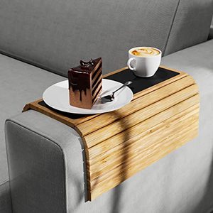 lot 19018 image: Semounva Bamboo Sofa Armrest Tray, Foldable & Flexible Couch Tray, Sofa Arm Tray Couch Arm Table for Drinks, Snacks, Remote and Phone