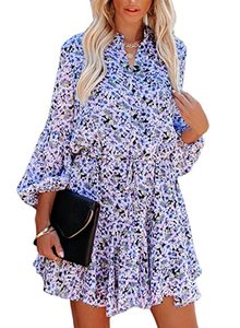 lot 19023 image: AlvaQ Womens V Neck Long Sleeve Button Down Floral Print Fall Casual Summer Boho Midi Dress Fashion 2023 Sky Blue Medium