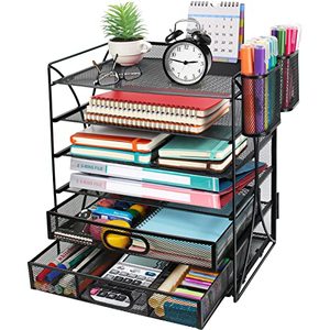lot 19026 image: Daofary 6 Tier Desk Organizers and Storage, Desk File Organizer with 2 Drawer and 2 Pen Holder, Black Mesh Office Desk Organizers and Accessories for Office School Supplies