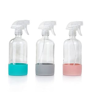 lot 19042 image: HOMBYS Empty Clear Glass Spray Bottles with Silicone Sleeve Protection - Refillable 17 oz Containers for Cleaning Solutions, Essential Oils, Misting Plants - Quality Sprayer - 3 Pack