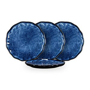 lot 19046 image: Ceramic Dessert, Salad Plates 8.75 Inch - Serving Dish Set of 4 for Appetizer, Snacks, Dinner - Ruffled Stoneware Dinnerware Set Scratch Resistant, Microwave & Oven, Dishwasher Safe, Reactive Blue