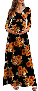 lot 19053 image: Xpenyo Womens Casual Maternity Maxi Dress 34 Sleeve V Neck Wrap Floral Long Maternity Dresses Pregnancy Clothes for Baby Shower, Nursing, Photoshoot, Party, Daily, Sunflower Black Size Size XX-Large