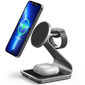lot 19054 image: 3 in 1 Wireless Charger for MagSafe, Aluminum Alloy Wireless Charging Station, Compatible with iPhone 141312, Apple Watch, AirPods Pro32 (Cable and Adapter Included) Space Grey