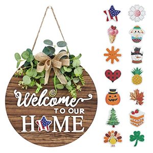 lot 19066 image: Interchangeable Seasonal Welcome Sign Front Door Decoration, Rustic Round Wood Wreaths Wall Hanging Outdoor, Farmhouse, Porch, for Spring Summer Fall All Seasons Holiday Halloween Christmas.