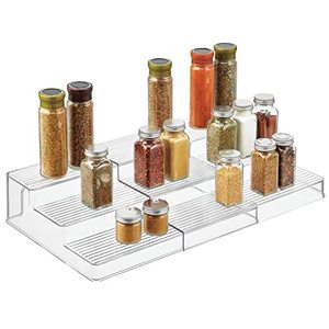 lot 19068 image: mDesign Plastic Spice and Food Kitchen Expandable Cabinet Shelf Organizer - 3 Tier Storage - Modern Compact Caddy Rack - Holds SpicesHerb Bottles, Jars - for Shelves, Cupboards, Refrigerator - Clear