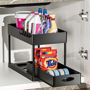 lot 19073 image: Under Sink Organizers and Storage, 2 Tier Under Sink Organizer Multi-Purpose Bathroom Sink Organizer Sliding Drawer Sink Organizers with Hooks for Kitchen Bathroom Organizer