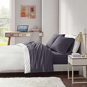 lot 19079 image: Intelligent Design Cotton Blend Jersey Knit Wrinkle Resistant, Soft Sheets with 14 Deep Pocket All Season, Cozy Bedding-Set, Matching Pillow Case, Twin, Dark Grey, 3 Piece