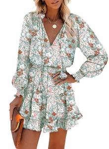 lot 19083 image: Dokotoo Womens Elegant Cute Spring Short Spring Casual Sexy Deep V Neck Ruffle Chiffon Floral Print Lantern Long Sleeve Elegant Empire Waist Flowy Mini Skirt Dresses for Women 2023 US 8 10