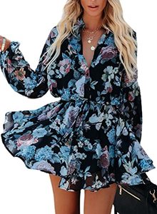 lot 19092 image: AlvaQ Summer Dresses for Women 2023 Casual V Neckline Long Sleeve Solid Mini Dress Floral Print Ruffle Flowy Sundress Blue Small