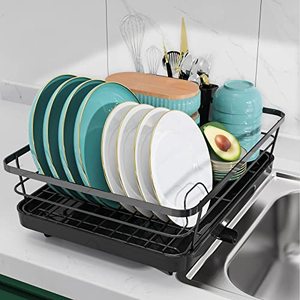 lot 19096 image: Sakugi Dish Drying Rack - Compact Dish Rack for Kitchen Counter with a Cutlery Holder, Durable Stainless Steel Kitchen Dish Rack for Various Tableware, Dish Drying Rack with Easy Installation, Black