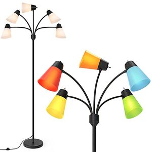 lot 19097 image: FOLKSMATE LED Floor Lamp, Medusa Multi Head Modern Tall Standing Lamps, Rustic Adjustable Gooseneck Reading Floor Light for Living Room, Bedroom, Kids Room, 5 White & 5 Colored Lamp Shades, Black