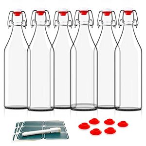 lot 19111 image: Otis Classic Swing Top Glass Bottles - Set of 6, 16oz wMarker & Labels - Clear Bottle with Caps for Juice, Water, Kombucha, Wine, Beer Brewing, Kefir Milk or Eggnog