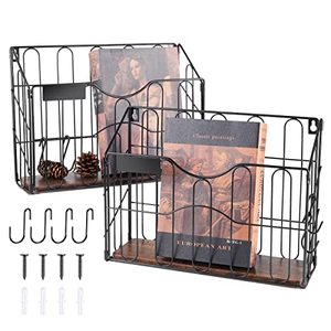 lot 19121 image: HOYRR Wall File Organizer, Wall File Holder, Wall Mounted File Organizer, Hanging File Holder With Label Panel, For Office Home, Iron and Wood Material Combination With S Shaped Hook (Pack of 2)
