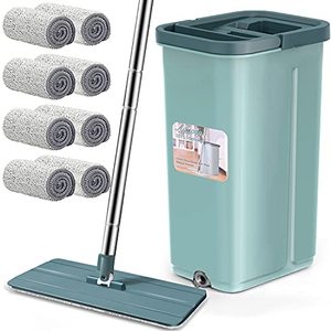 lot 19133 image: Floor Mop and Bucket Set, Aifacay Flat Mop Bucket System Flexible Mop Head 8 Reusable Microfiber Pads Home Hardwood Floor Mop Bucket with Wringer Extended Stainless Steel Handle Mop for Wood, Vinyl