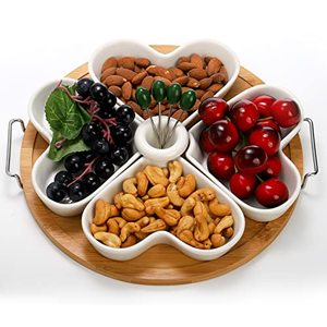 lot 19135 image: ZEAYEA Appetizer Serving Tray with Bamboo Holder, Ceramic Divided Serving Platter with Food Picks, Relish Tray for Chips and Dip, Veggies, Candy and Snacks, Parties, White