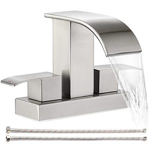 lot 19137 image: Waterfall Bathroom Faucet - 2 Handle 4 Inch Centerset Faucet for Lavatory Bathroom Sink, with cUPC Faucet Supply Line Hoses for Bathroom Restroom Vanity Lavatory, Brushed Nickel