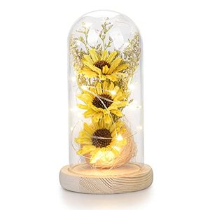 lot 19140 image: Eternal Sunflower - Artificial Sunflower in Glass Dome with Lights (Yellow)