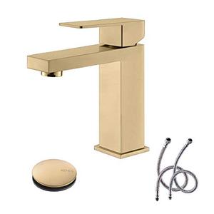 lot 19144 image: KENES Brushed Gold Bathroom Faucet, Modern Single Hole Lavatory Vanity Faucet, Single Handle Bathroom Sink Faucet Gold, with Pop Up Drain & Water Supply Hoses LJ-9031-4