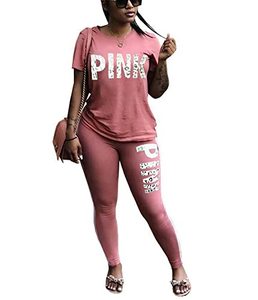 lot 29320 image: THLAI 2 Piece Outfits for Women Letter Print Short Sleeve Tshirt Top and Long Pants Sets Tracksuits Jogging Sets Small