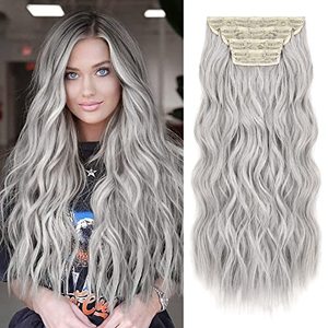 lot 29326 image: REECHO Hair Extensions, 4PCS Clip in Hair Extensions Natural Soft Synthetic Hairpieces for Women (20 Inch-200 Gram (Pack of 4), Silver Grey)
