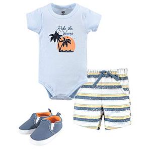 lot 29332 image: Hudson Baby Unisex Baby Cotton Bodysuit, Shorts and Shoe Set, Ride Waves, 3-6 Months