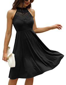 lot 29356 image: MISSKY Womens Halter Neck Sundress Summer Sleeveless Lace Patchwork A-Line Short Dress Black Small
