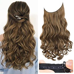 lot 29394 image: REECHO Invisible Wire Hair Extensions with Transparent Headband Adjustable Size Removable Secure Clips in Curly Wavy Secret Hairpiece for Women 14 Inch - Light Ash Brown with Highlights