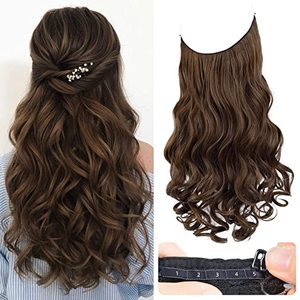 lot 29403 image: REECHO Invisible Wire Hair Extensions with Transparent Headband Adjustable Size Removable Secure Clips in Curly Wavy Secret Hairpiece for Women 24 Inch - Dark Brown with Copper Highlights