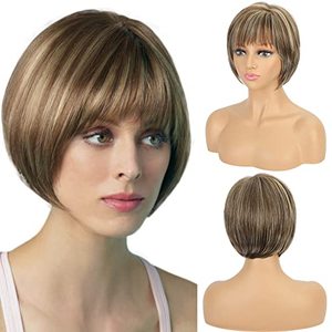 lot 29404 image: LONAI Short Brown Bob Wig With Air Bangs for Women 10 Short Chocolate Brown with Blonde Highlights Hair Wigs Synthetic Side Part Natural Looking Hairpiece