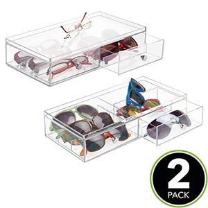 lot 35405 image: mDesign Wide Stackable Plastic Eye Glass Organizer Box Holder for Sunglasses, Reading Glasses, Lens Cleaning Cloths, Accessories - 2 Divided Drawers with 6 Sections, Chrome Pulls, 2 Pack - Clear