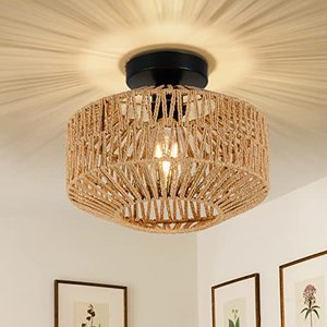 lot 35409 image: Jobtical Boho Light Fixtures Ceiling Mount,Mini Rattan Chandelier Light Fixture with Dimmable LED Bulb,Hand Woven Ceiling Light Fixtures Flush Mount for Hallway Bedroom Kitchen Entryway Living Room
