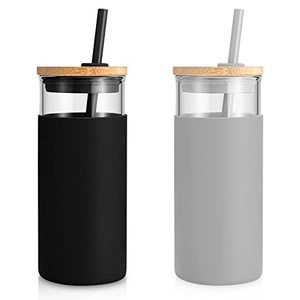 lot 35415 image: tronco 20 oz Glass Tumbler Glass Water Bottle Straw Silicone Protective Sleeve Bamboo Lid - BPA Free (Black French Grey 2pack)