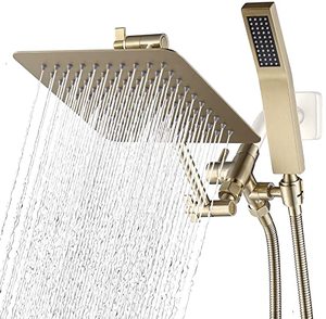 lot 35419 image: G-Promise All Metal Dual Square Shower Head Combo  8 Rain Shower Head  Handheld Shower Wand with 71 Extra Long Flexible Hose  Smooth 3-Way Diverter  Adjustable Extension Arm - A Bathroom Upgrade