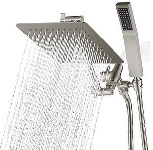 lot 35427 image: G-Promise All Metal Dual Square Shower Head Combo  8 Rain Shower Head  Handheld Shower Wand with 71 Extra Long Flexible Hose  Smooth 3-Way Diverter  Adjustable Extension Arm - A Bathroom Upgrade