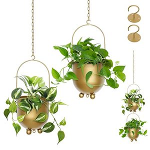 lot 35432 image: Boho Hanging Planter, Set of 2 Metal Plant Hanger with Hooks and Chains, Modern Wall & Ceiling Planters OutdoorIndoor Hanging Planter for Window Mid Century Flower Pot Plant Holder Home D�cor (Gold)
