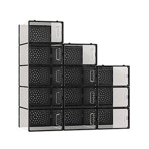 lot 35438 image: Kanuusiz Shoe Boxes Clear Plastic Stackable, 12 Pack Shoe Organizer for Closet, Modular Shoe Storage Containers Display Case for Sneaker Storage, Black