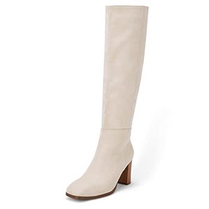 lot 35445 image: Womens Knee High Boots Chunky Block Heels Square Toe Side Zipper Faux Suede Fall Winter Comfort Boot Beige 8