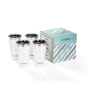lot 35469 image: Congela 16oz 4Pack stainless steel insulated pint cups set,double wall water and beer tumblers glasses with lids and gift box(White 16oz X 4Pack)