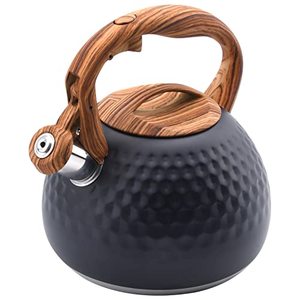lot 35470 image: Foedo Tea Kettle, 3.2 Qt Stainless Steel Whistling Tea Kettle for Stove Top, Food Grade Teapot with Wood Pattern Handle for Coffee, Tea, Milk etc, Gas Electric Applicable (Black)