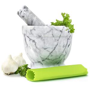 lot 35479 image: Marble Mortar and Pestle Set - Beautiful Polished White and Grey Veined Marble Mortar and Pestle Set with Garlic Peeler and Anti Scratch, Anti Skid Protective Pad