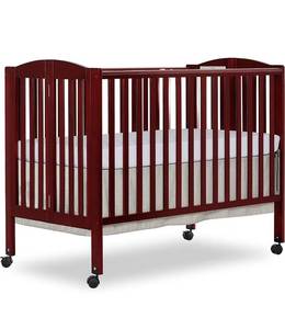 lot 62231 image: Dream On Me Full Size 2-in-1 Folding Stationary Side Crib in Cherry, Locking Wheels, Folds Flat for Storage, Comes with Teething Guard, Non-Toxic Finish
