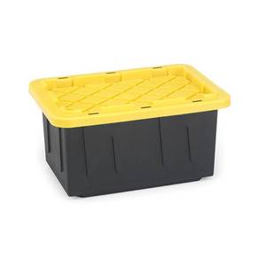 lot 62268 image: PACK OF 2 Homz 15 Gallon Durabilt Plastic Storage Tote Black and Yellow 2 Count