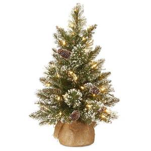 lot 62271 image: National Tree Company 2 Glittery Bristle Pine Burlap Tree with 7 White Tipped Cones & 15 Warm White Battery Operated Led Lights wTimer