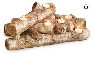 lot 62281 image: Plow & Hearth Faux Wood Resin Logs Tea Lights Candle Holder, Birch
